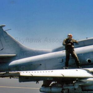 Unidentified pilot suits up on the wing of VMA-214 Blacksheep A-4M Skyhawk BuNo 160022