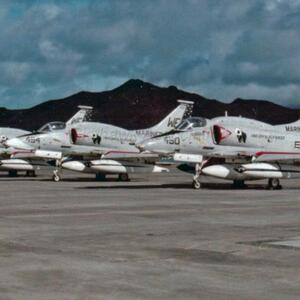 VMA-214 Black Sheep A-4M Skyhawks passing through MCAS Kanehoe July 1977 or July 1978.