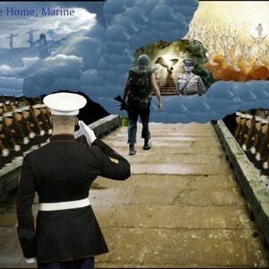 A soldier salutes another walking towards a heavenly scene filled with angels and military figures.
